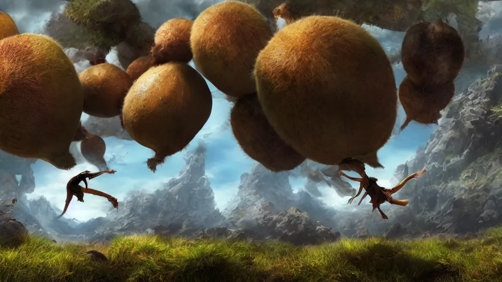 Image similar to giant kiwis falling from the sky, fantasy artwork, very very very beautiful scenery, hd, hdr, ue5, ue6, unreal engine 5, cinematic 4k wallpaper, 8k, ultra detailed, high resolution, artstation, award winning