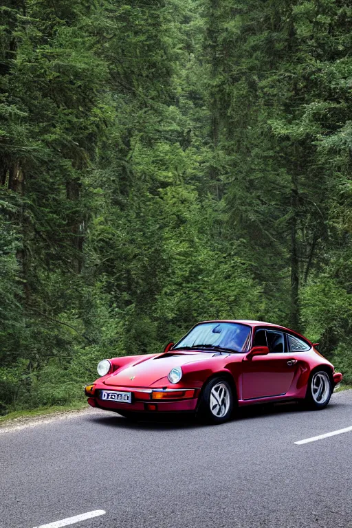 Prompt: Photo of a Porsche 911 Carrera 3.2 on a winding road through mountains and forests, volumetric lighting, highly detailed, technicolor.