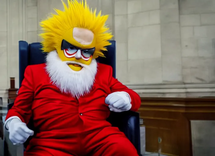 Image similar to Photo of Boris Johnson as Dr. Eggman from Sonic series, as Dr Ivo Eggman Robotnik form the Sonic The Hedgehog Games, sonic comics, wearing a red and yellow jumpsuit with black pants, sitting at the parlament meeting, giving an interview, highly detailed, 4k, HQ