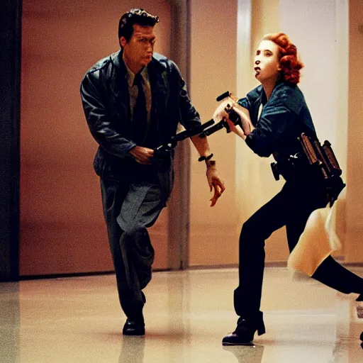 Prompt: an action scene of Scarlett Johansson chasing Charlton Heston through a high school hallway, guns blazing. Still from a John Woo film. Thrilling, engaging, exciting.