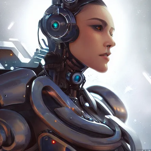 Prompt: closeup portrait of a young cyborg woman, cyberpunk, nighttime, fantasy, intricate, elegant, highly detailed, digital painting, artstation, concept art, matte, sharp focus, illustration, hearthstone, art by Artgerm and Gred Rutkowski and Alphonse Mucha