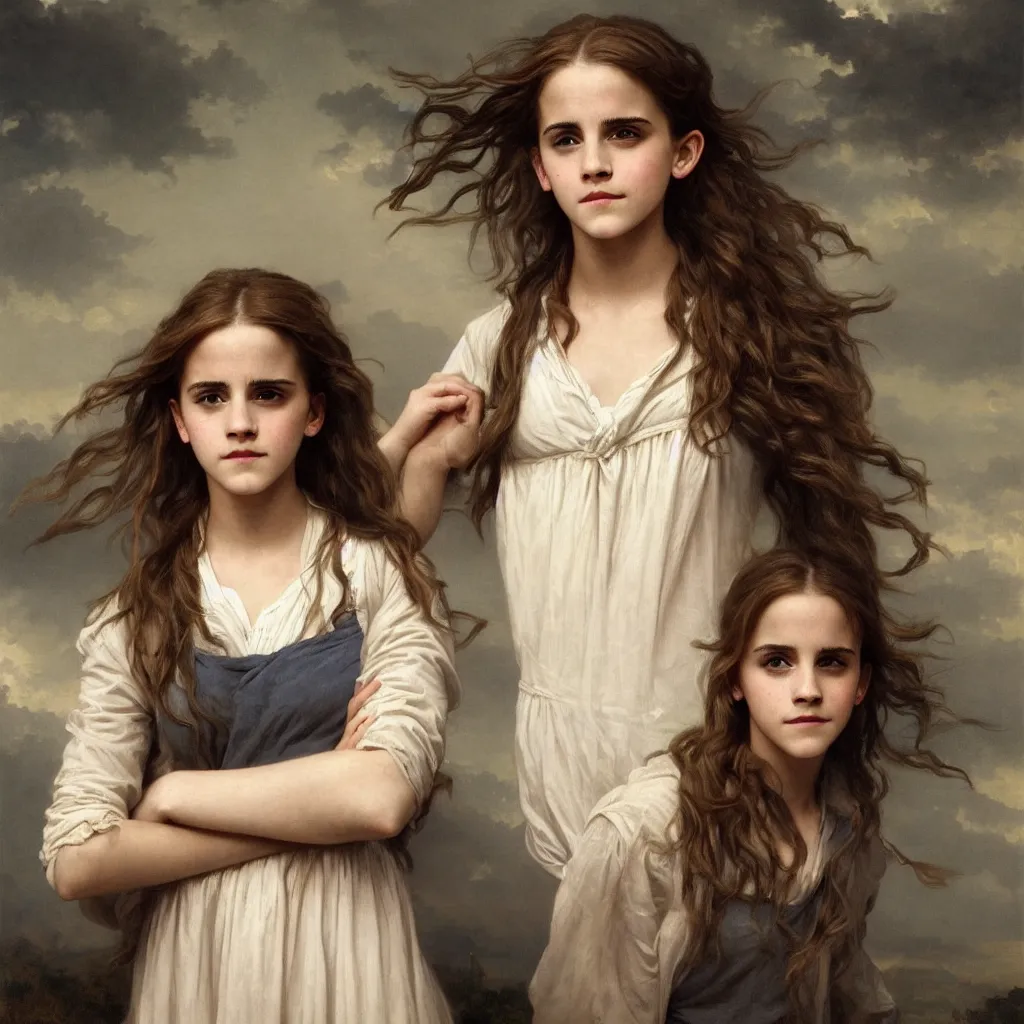 Image similar to Painting of Emma Watson as Hermione Granger. Prisoner of Azkaban. Cheerful. Happy. Art by william adolphe bouguereau. During golden hour. Extremely detailed. Beautiful. 4K. Award winning.