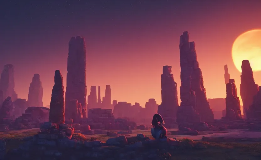 Prompt: A landscape with a giant stone brick tower with pillars on top at sunset, magical portal, cyberpunk, Low level, rendered by Beeple, Makoto Shinkai, syd meade, simon stålenhag, environment concept, synthwave style, digital art, unreal engine, WLOP, trending on artstation, 4K UHD image, octane render