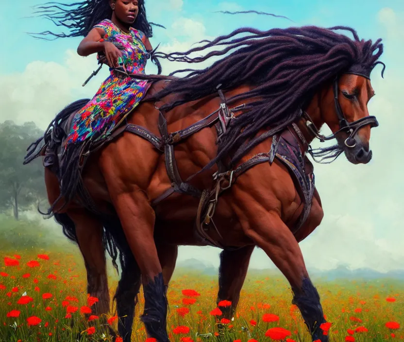 Image similar to full body portrait of young black woman riding a horse, flowing dreads, beautiful clydesdale, field of colorful flowers, highly detailed, digital painting, artstation, concept art, smooth, sharp focus, illustration, face by wlop, illustrated by mars ravelo and greg rutkowski