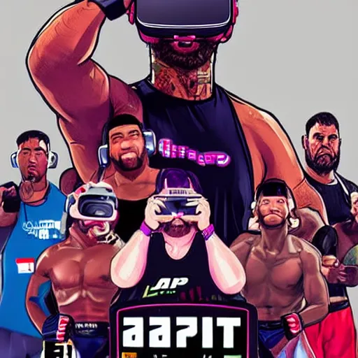 Prompt: poster art of wrestlers wearing vr headsets, gta cover, apex legends, tap out, ufc, digital illustration by sam spratt