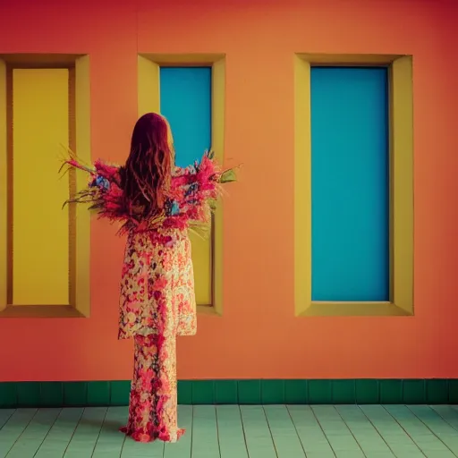 Image similar to giant flower head, full body, girl standing in mid century hotel, surreal, symmetry, bright colors, cinematic, wes anderson