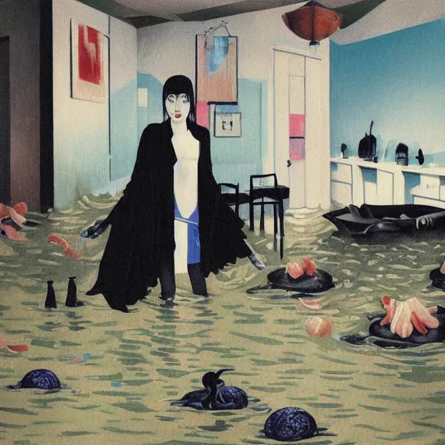 Image similar to tall female emo artist in her flooded kitchen, water gushing from ceiling, painting of flood waters inside an artist's home, a river flooding indoors, pomegranates, pigs, ikebana, zen, water, octopus, river, rapids, waterfall, black swans, canoe, berries, acrylic on canvas, surrealist, by magritte and monet