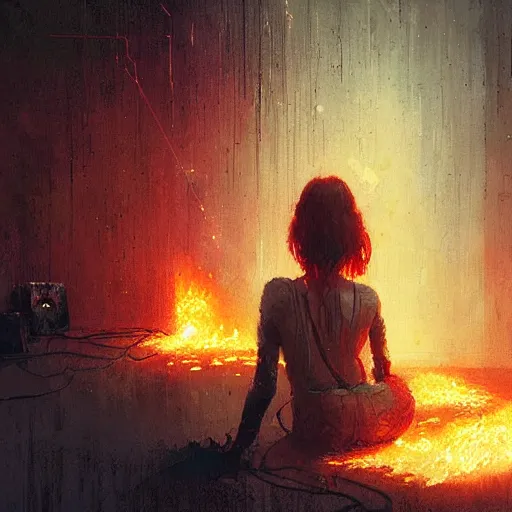 Prompt: she is watching how her digital past is burning with glitched flames made of bits, by greg rutkowski and esao andrews