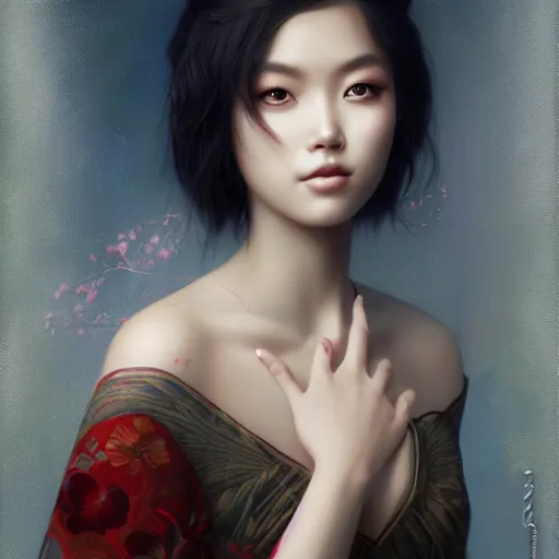 Prompt: gorgeous asian woman by tom bagshaw, artgerm, jeremiah ketner, beeple and charlie bowater, soft lighting, solid background,