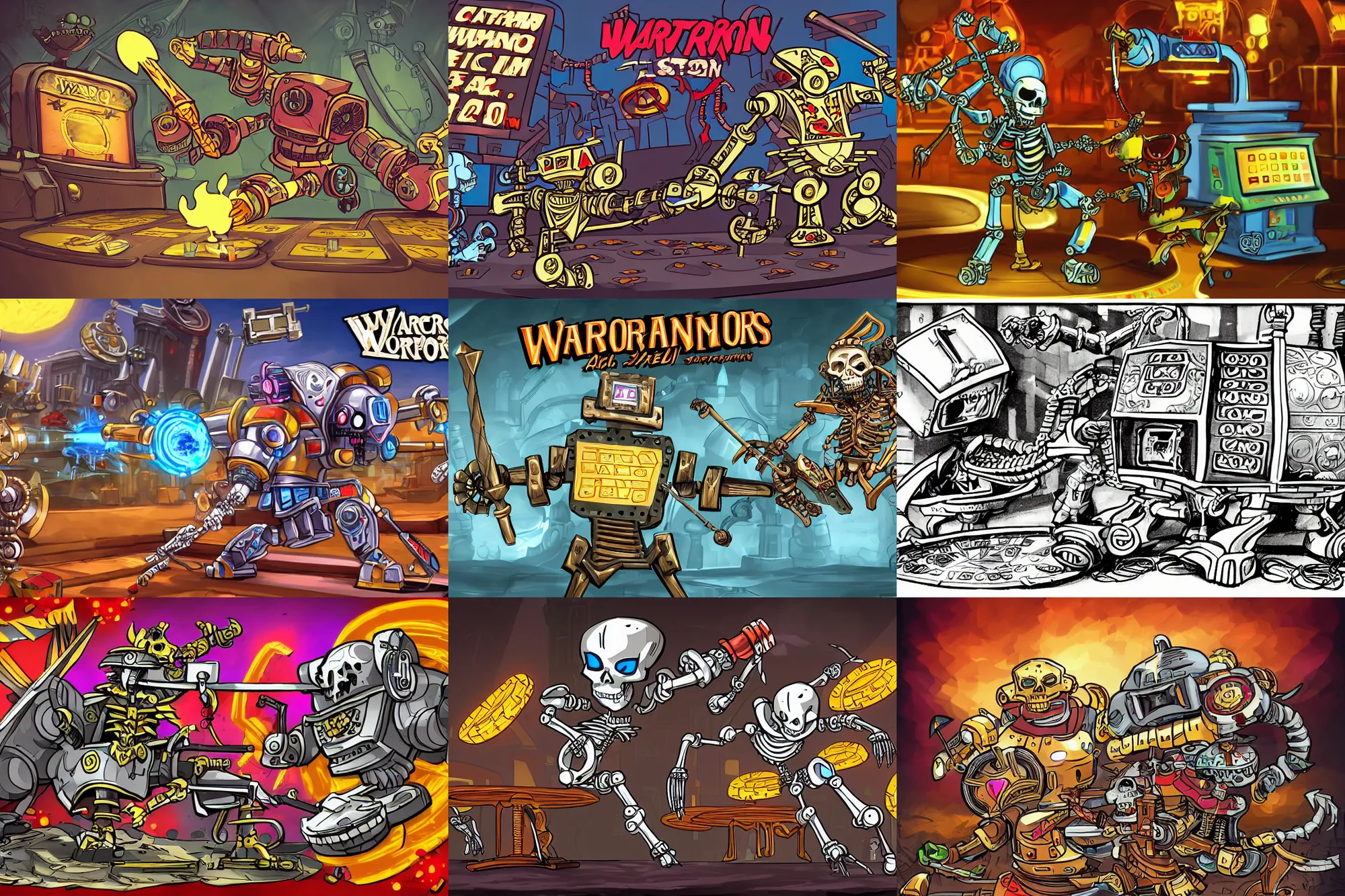 Prompt: a warrior robot with a slot machine reel chest, battling a skeleton with a sword. fantasy. promotional art for a video game on steam. casino. comic cartoon.