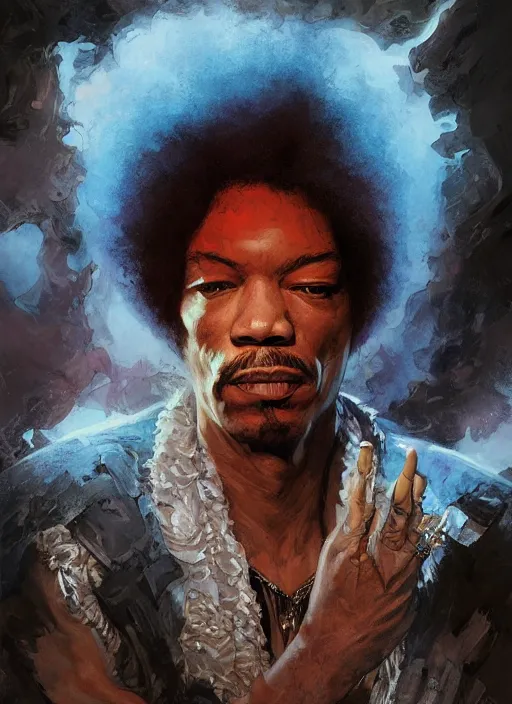 Prompt: Portrait of Jimmy Hendrix, marvel comics, dark, intricate, highly detailed, smooth, artstation, digital illustration by Ruan Jia and Mandy Jurgens and Artgerm and Wayne Barlowe and Greg Rutkowski and Frank Frazetta