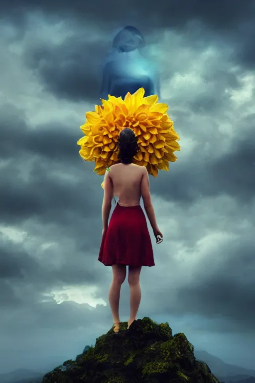 Image similar to closeup girl with giant yellow dahlia flower on head, standing on mountain, surreal photography, blue storm clouds, dramatic light, impressionist painting, digital painting, artstation, simon stalenhag