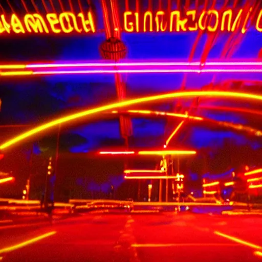 Image similar to a cinematic still of glowing neons