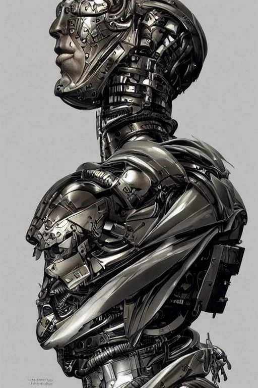 Image similar to futurist half human half robot soldier, art by leyendecker, head and shoulders portrait, cyberpunk, cybernetic implants, very intricate, award winning, extreme details