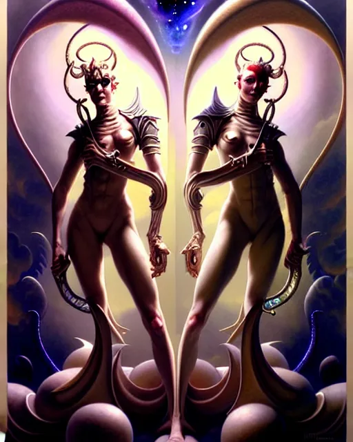 Image similar to beautiful gemini good and evil fantasy character portrait, ultra realistic, wide angle, intricate details, the fifth element artifacts, highly detailed by peter mohrbacher, hajime sorayama, wayne barlowe, boris vallejo, aaron horkey, gaston bussiere, craig mullins