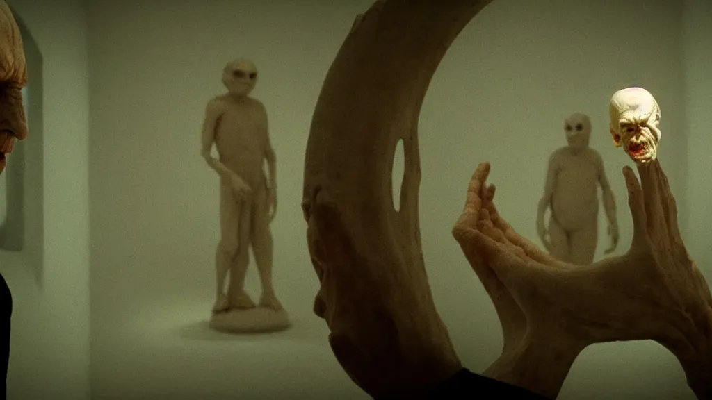 Image similar to the creature is a doctor, made of glowing wax and ceramic, they look me in the eye, film still from the movie directed by denis villeneuve and david cronenberg with art direction by salvador dali, wide lens