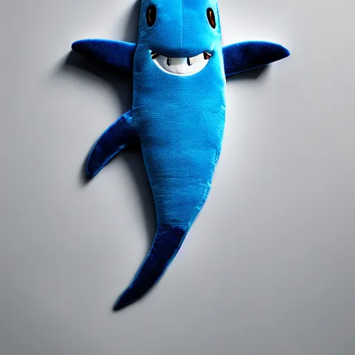 Prompt: beautiful photograph of a cute minimal bright - blue shark plush, advert, magazine, studio