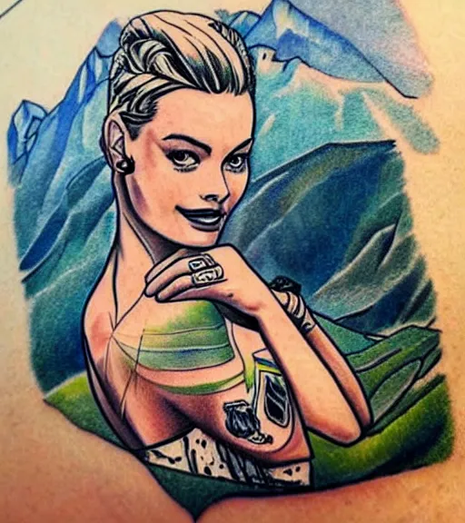 Image similar to mash up tattoo design sketch of margot robbie and beautiful mountain scenery, in the style of arlo dicristina, surrealist, amazing detail, sharp