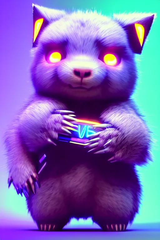 Image similar to high quality 3 d render post - cyberpunk very cute fluffy! wombat!! cyborg, mechanical paw, highly detailed, unreal engine cinematic smooth, in the style of detective pikachu, hannah yata charlie immer, neon purple light, low angle, uhd 8 k, sharp focus