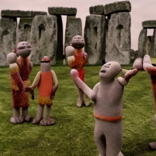 Prompt: An ancient tribal ritual conducted in Stonehenge in claymation