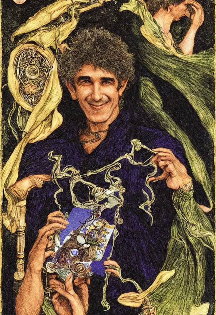 Prompt: Yoshua Bengio smiling on the Rider–Waite tarot. Illustration by preraphaelists.