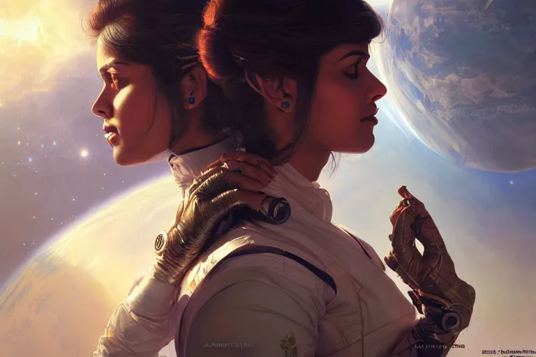 Prompt: Sensual beautiful female Aryan young Indian doctors wearing Deus Ex Human Revolution clothing in a space station above Earth, portrait, elegant, intricate, digital painting, artstation, concept art, smooth, sharp focus, illustration, art by artgerm and greg rutkowski and alphonse mucha