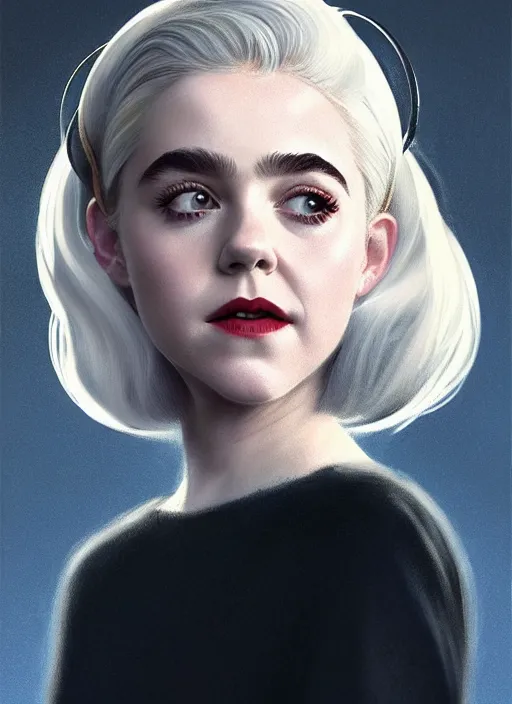 Prompt: portrait of kiernan shipka as sabrina spellman, white hair, 1 9 6 0 s bob hairstyle, hairband, intricate, elegant, glowing lights, highly detailed, digital painting, artstation, concept art, smooth, sharp focus, illustration, art by wlop, mars ravelo and greg rutkowski