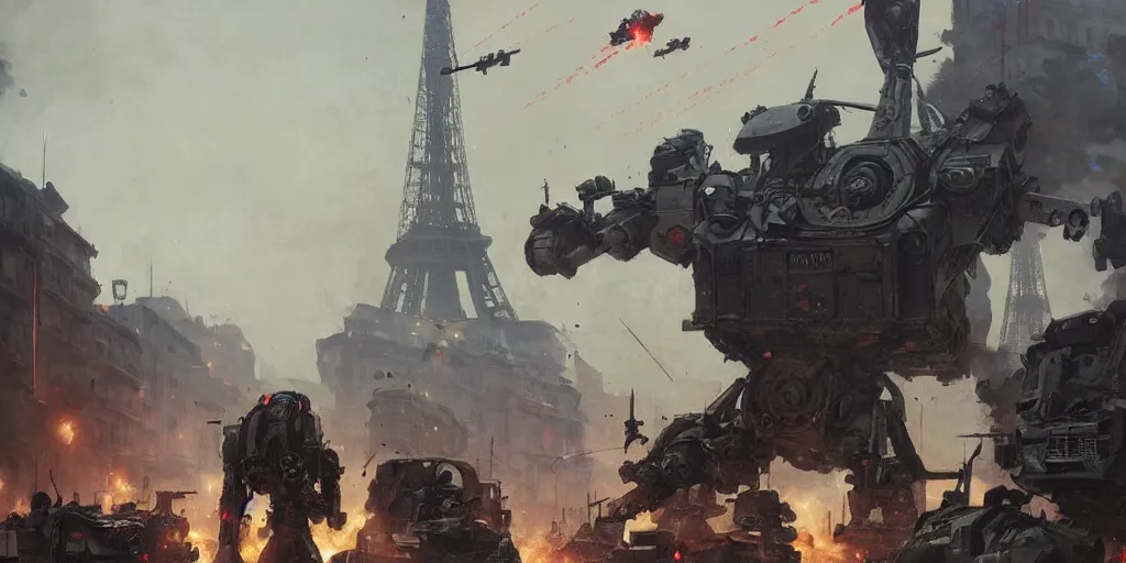 Image similar to giant alien robots terrorise streets of ww ii paris and attack french soldiers and civilians, detailed painting, intense heavy street battle, bullet hell, pile of bodies, artillery bombings, blood on the streets, art by greg rutkowski and jakub rozalski