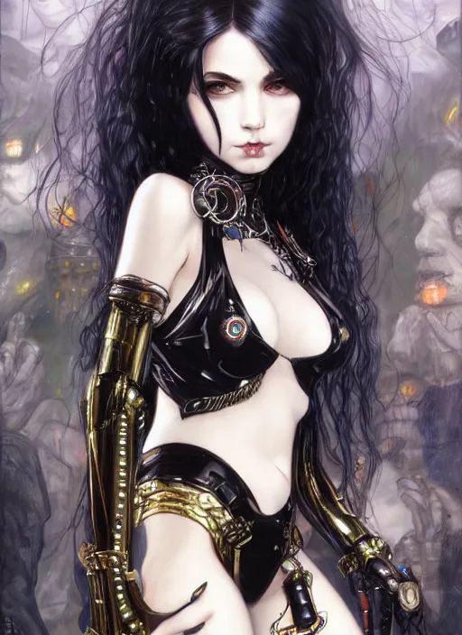 Image similar to portrait of cute beautiful young goth maiden in bikini armor, cyberpunk, Warhammer 40000, gothic, highly detailed, artstation, illustration, art by Gustav Klimt and Range Murata