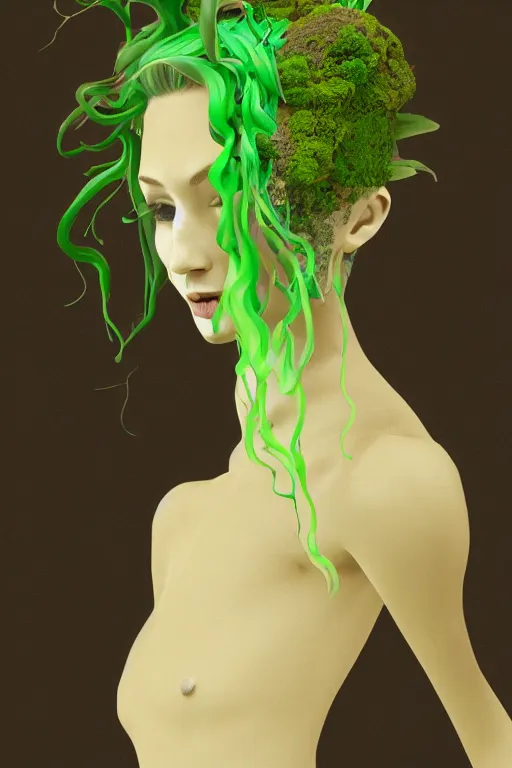 Prompt: nonbinary model, subject made of cracking brown clay, vine headdress, moss patches, 2 0 mm, with pastel yellow and green oddish bursting out, melting into lilligant, delicate, beautiful, intricate, houdini sidefx, by jeremy mann and ilya kuvshinov, jamie hewlett and ayami kojima, bold 3 d