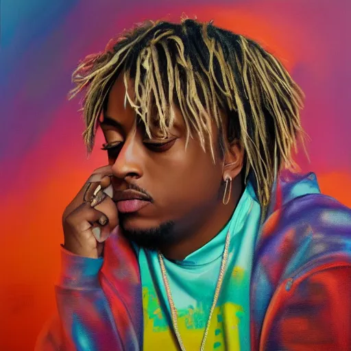 Image similar to Juice WRLD oil painting hyper realistic 4K quality