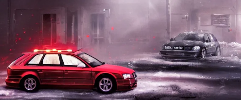 Image similar to Audi A4 B6 Avant (2002), a gritty neo-noir, dramatic lighting, cinematic, eerie person, death, homicide, homicide in the snow, viscera splattered all over the car, gunshots, establishing shot, extremely high detail, photorealistic, red mist, arson, burning city, cinematic lighting, artstation, by simon stalenhag, Max Payne (PC) (2001) winter New York at night, In the style of Max Payne 1 graphic novel, flashing lights, Poets of the Fall - Late Goodbye