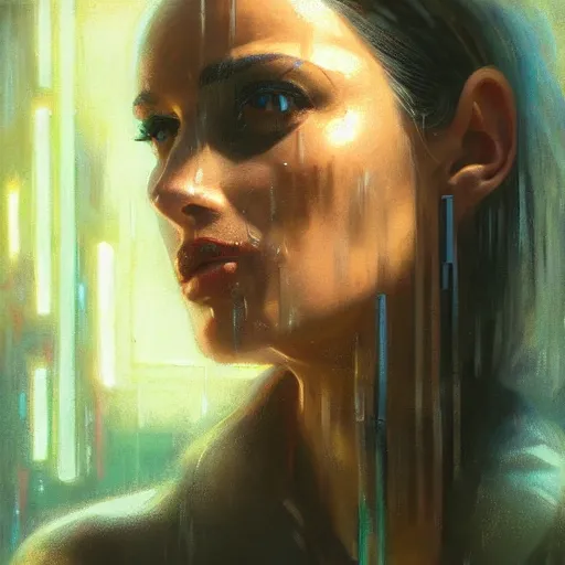 Image similar to detailed face of a woman, moment, cyberpunk cloisters, electronic billboards, tech noir, wet reflections, prism, atmospheric, ambient, pj crook, syd mead, livia prima, greg rutkowski, edward hopper