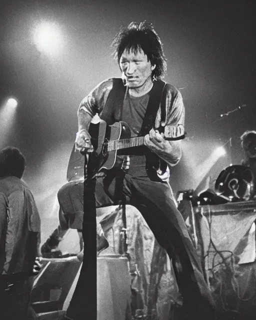 Image similar to sixty years old viktor tsoi with guitar in his hands, photo, microphone, rock concert, black and white, iso 6 0 0, 3 5 mm, codac gold