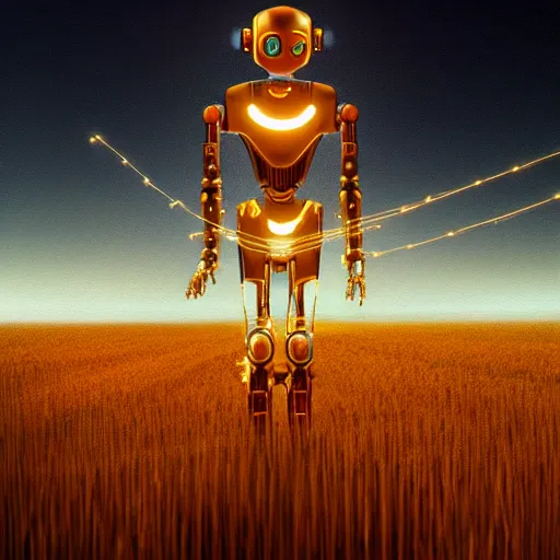 Image similar to digital painting of a glowing robot with gold wires levitating in a wheat field, synthetic humanoid smooth body, at night, stunning, cinematic lighting, concept art by greg rutkowski and simon stalenhag, artstation, cinematic, masterpice, insanely detailed, very realistic