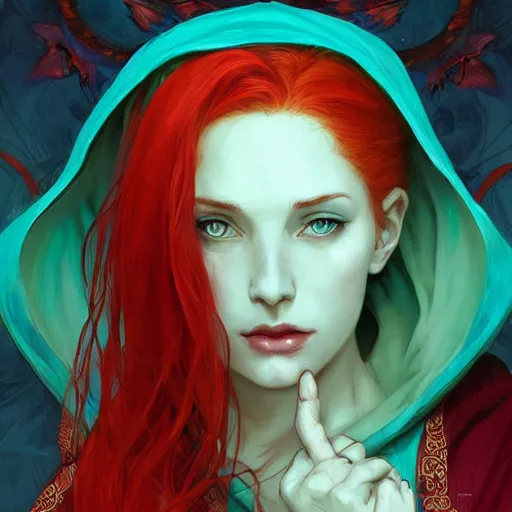 Image similar to A beautiful digital painting of a woman with red hair, in a turquoise cloak with a wide hood, D&D, fantasy, intricate, cinematic lighting, highly detailed, digital painting, Artstation, concept art, smooth, sharp focus, illustration, art by Artgerm and Greg Rutkowski, Alphonse Mucha and charlie bowater