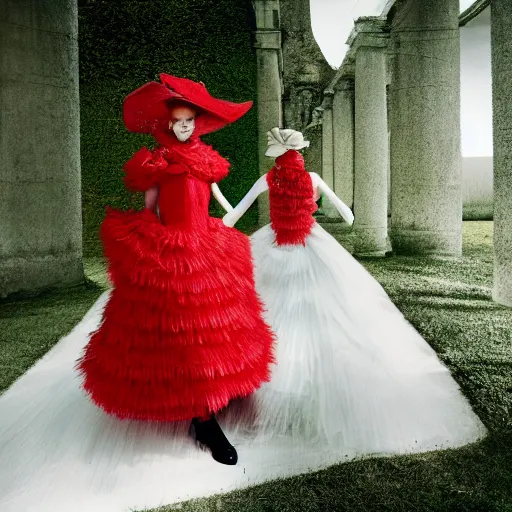 Prompt: Editorial photograph of a red Valentino Haute Couture dress and hat, photographed by Tim Walker