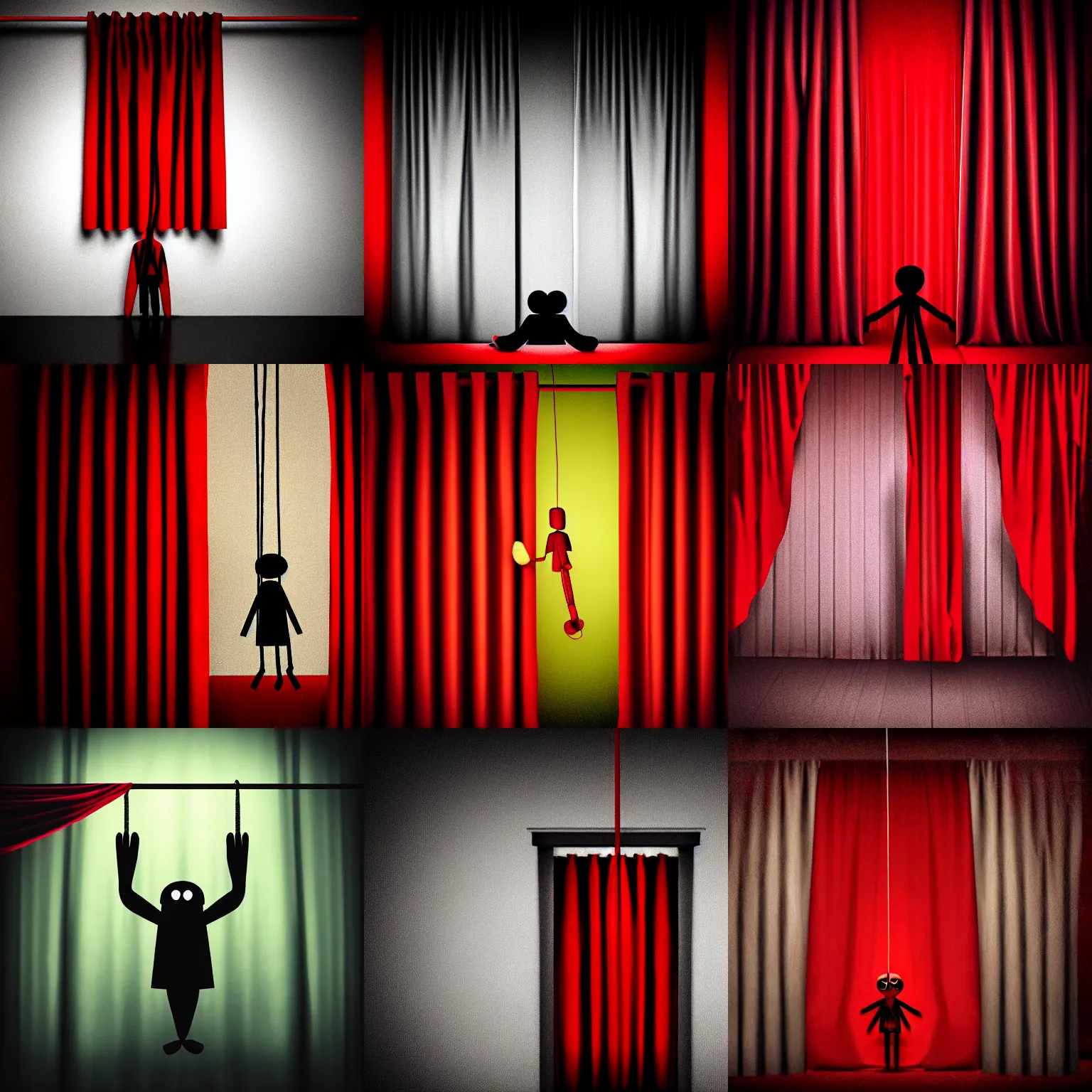 Prompt: puppet on string behind red curtains, an album cover, dark ambiance, realism, featured on dribble, behance, holography, neoplasticism, holographic, cosmic horror, skeuomorphic, parallax