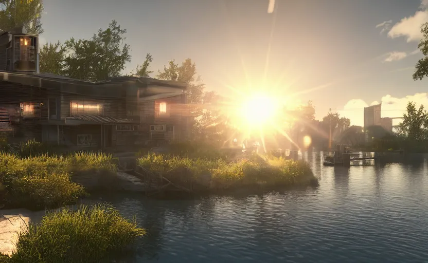 Prompt: photorealistic cyberpunk lakehousein a dessert oasis. daylight. sunlight. lens flare. light fixtures. 8K. detailed. photorealism. artstation. 25mm f/1.7 ASPH Lens. ultra realistic