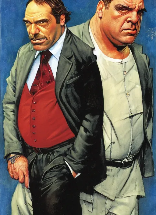 Prompt: full body and head portrait of javier bardem as kingpin, dynamic action, painted by norman rockwell and phil hale and greg staples and tom lovell and frank schoonover and jack kirby
