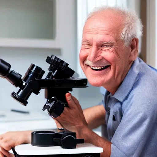 Prompt: microscope image of a smiling old man