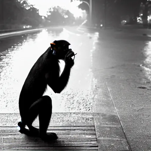 Image similar to contre - jour photo of a monkey smoking a cigarette on a bridge at night under rain, lightened by street lamps, award winning photography