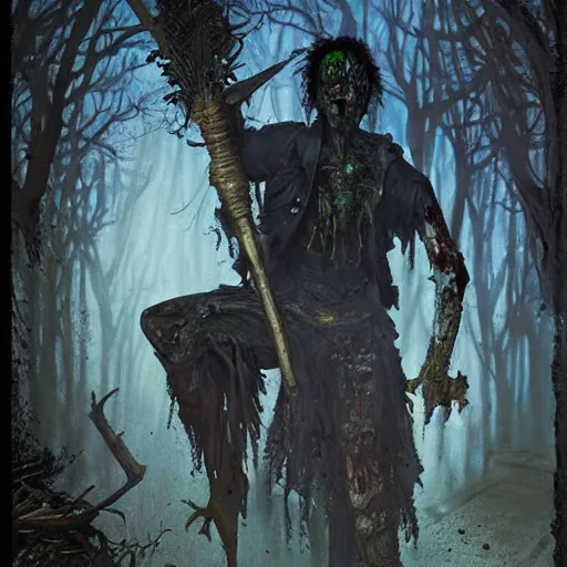 Image similar to fantasy painting with a tattooed punk rock zombie male in a surreal magical environment by Greg Rutkowski and Michael Whelan w 1024