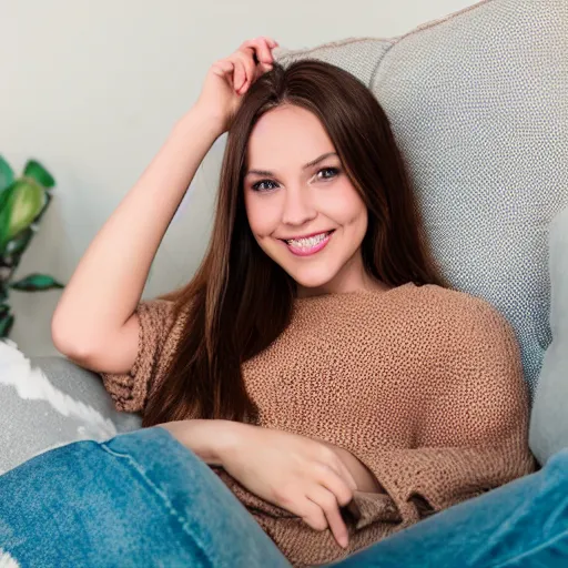 Image similar to Photograph of April, a cute young woman, long shiny bronze brown hair, full round face, green eyes, medium skin tone, light cute freckles, light blush, smiling softly, wearing casual clothing, relaxing on a modern couch, interior lighting, cozy living room background, medium shot, mid-shot