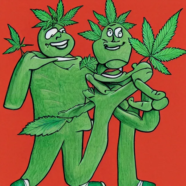 Image similar to smiling cannabis man with arms and legs cartoon, colored pencil illustration