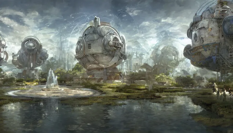 Image similar to craig mullins and studio ghibli illustration of futuristic society living in an exosphere structure, science fiction landscape, animals around a fountain in the center, ufos scattered above, clouds, unreal engine, hyper realism, realistic shading, cinematic composition, realistic render, octane render, detailed textures, photorealistic, wide shot