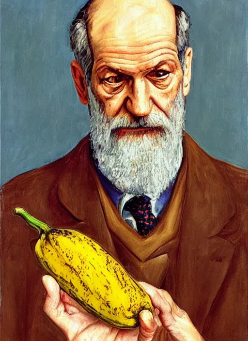 Image similar to “portrait of sigmund freud holding and looking at a banana, by Lucian freud, fleshy, Freudian, visible brush strokes, in oil”