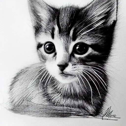 Image similar to single line drawing of a cute kitten, blue ink pen