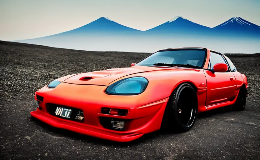 Image similar to a stylistic photo of a modified rx 7 in mount fuji early in the morning | jdm | japanese