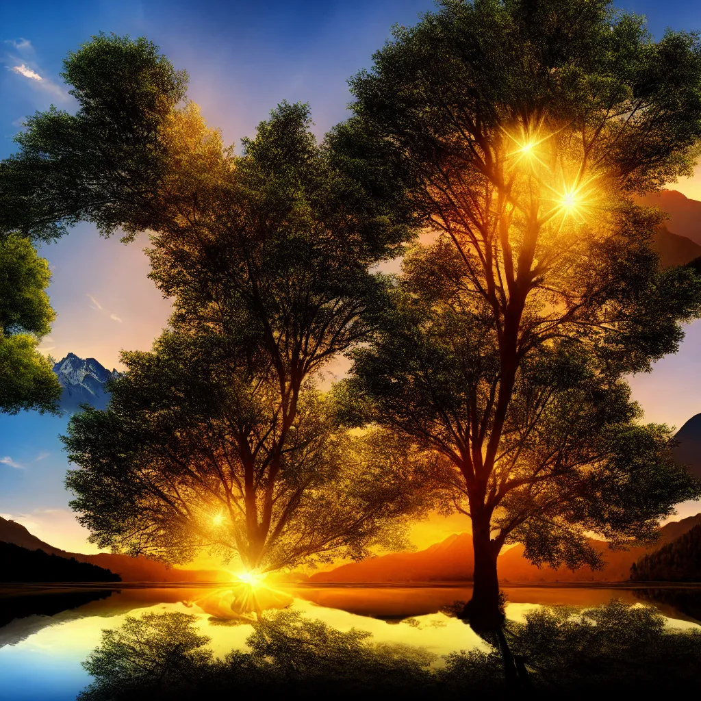 Image similar to big realistic tree near to a river on sunset with reflection on the leaves and mountains in the background, landscape, extremely high fidelity, 8 k, super resolution, cinematic view, super resolution, light rays, lens flare, epic, hyperdetailed